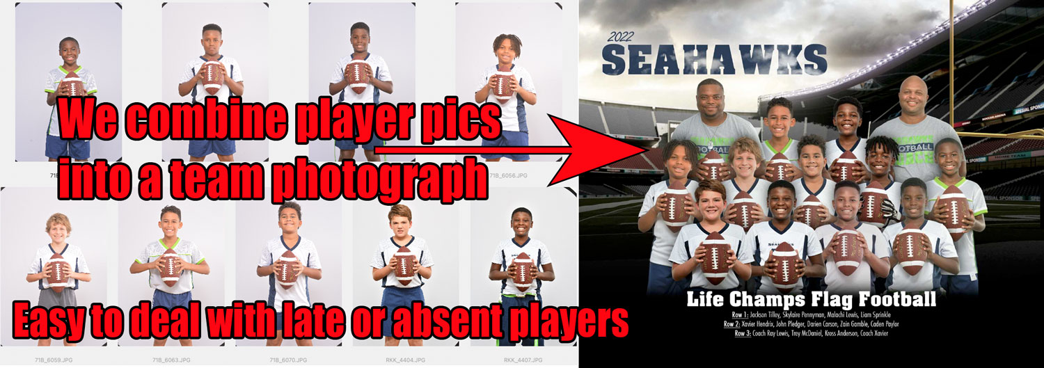 We combine multiple individual player photos in one team photo, even if they are taken on different days!